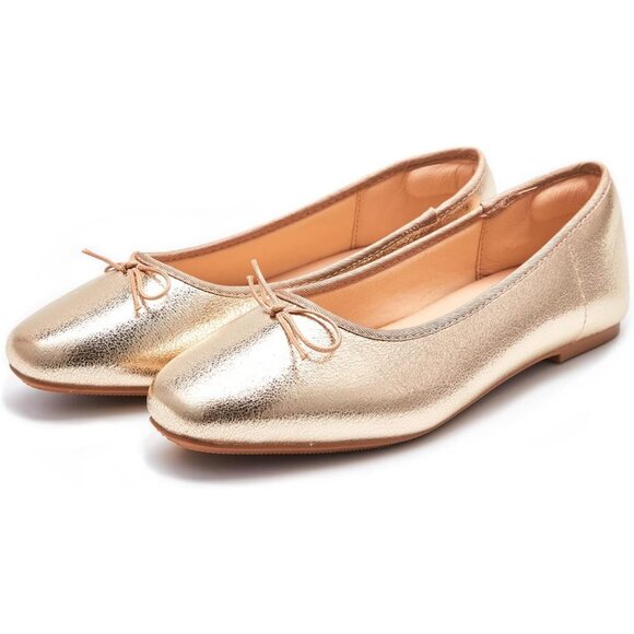 Women's Gold Polyurethane Closed Round Toe Comfortable Bow Ballet Flats Shoes - Picture 2 of 7
